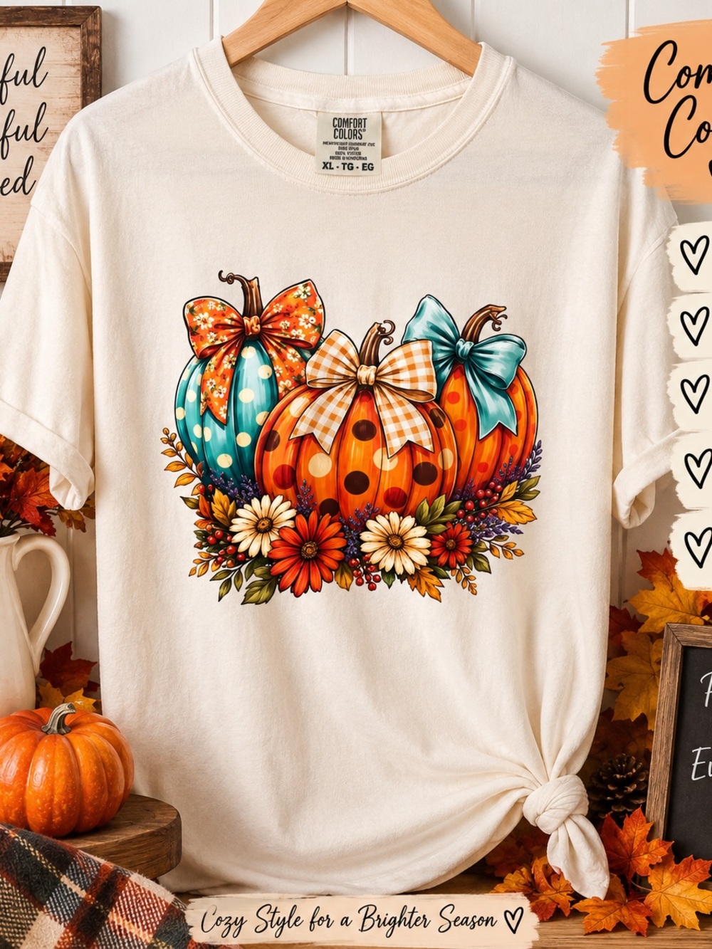 Comfort Colors Cream Short Sleeve Tee with Teal and Orange Pumpkin Trio